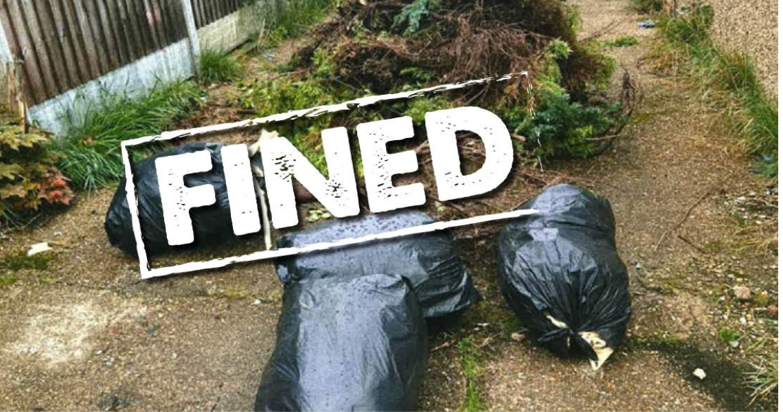 A photo of fly-tipped bin bags. The image is stamped with the word 'fined'.