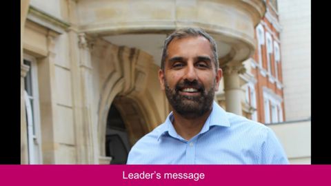 Portrait of Councillor Kam Rai, labelled with the words "Leader's message"