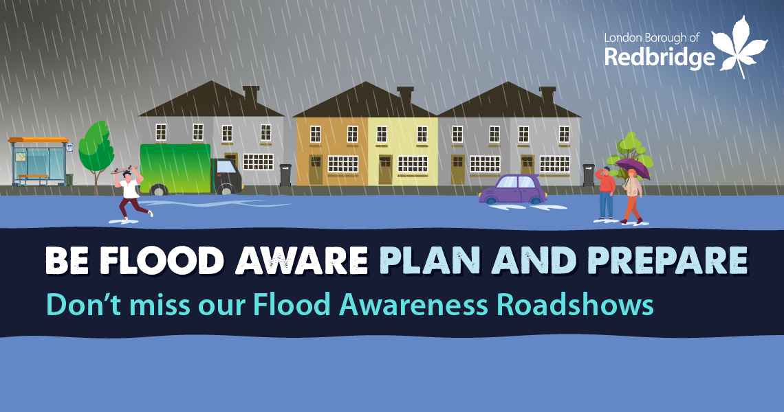 flood awareness roadshow banner with flooding scene 