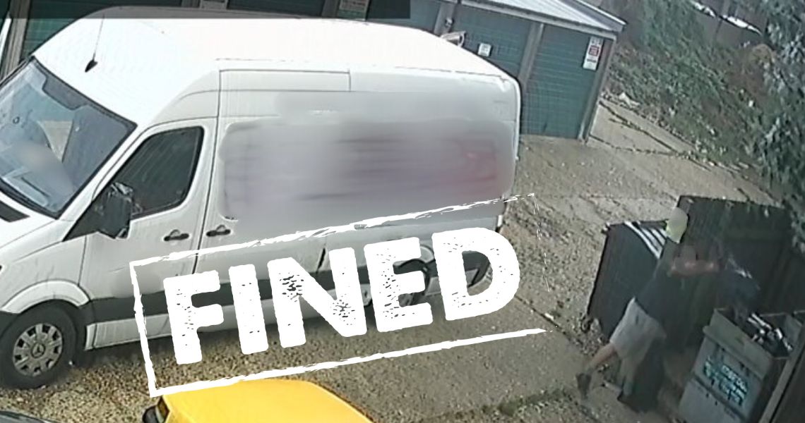 CCTV image of a white van. The word 'fined' is stamped onto the image.
