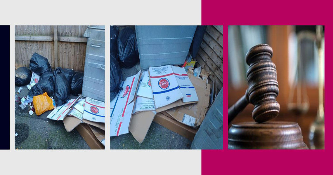 collage image of flytips and court gavel