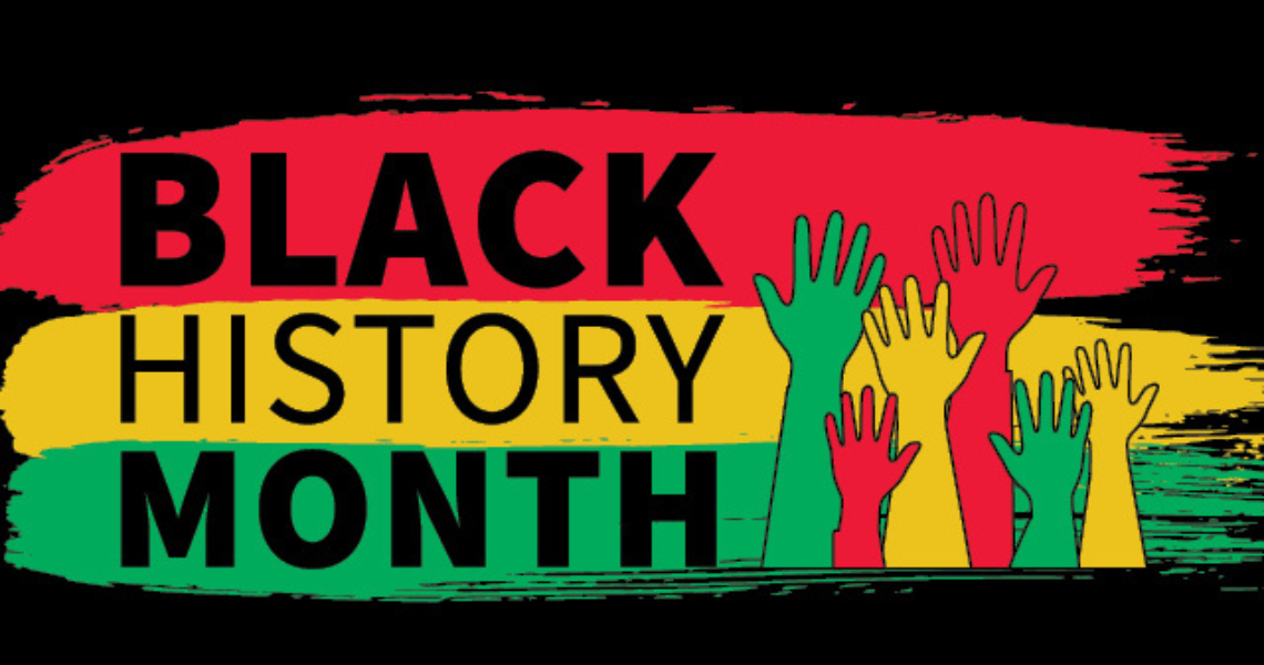 Black History Month text with red, yellow and green stripes and hands up as a line drawing