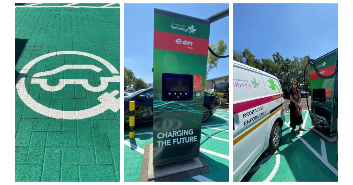 ev logo, with pics of chargers